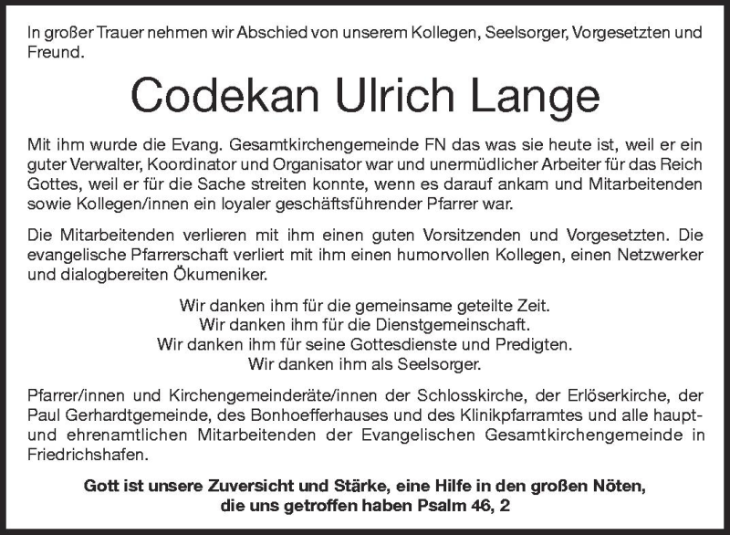  Traueranzeige für Codekan Ulrich Lange vom 11.04.2012 aus Schwäbische Zeitung