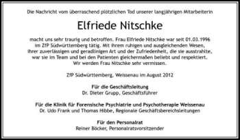 Anzeige von Elfriede Nitschke von Schwäbische Zeitung