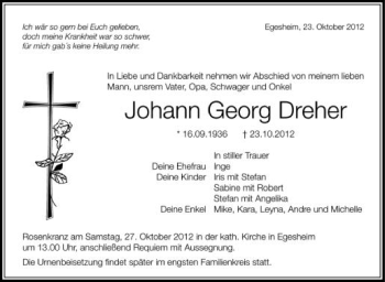 Anzeige von Johann Georg Dreher von Schwäbische Zeitung