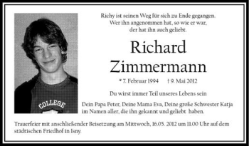 Anzeige von Richard Zimmermann von Schwäbische Zeitung