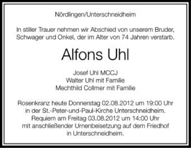  Traueranzeige für Alfons Uhl vom 02.08.2012 aus Schwäbische Zeitung