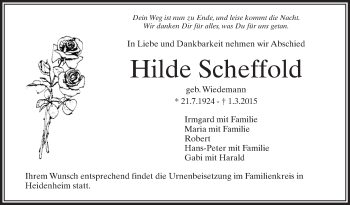 Anzeige von Hilde Scheffold von Schwäbische Zeitung