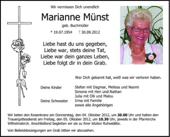 Anzeige von Marianne Münst von Schwäbische Zeitung