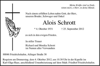Anzeige von Alois Schrott von Schwäbische Zeitung