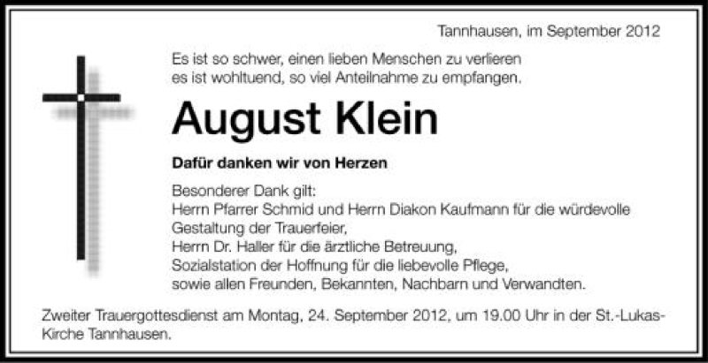  Traueranzeige für August Klein vom 22.09.2012 aus Schwäbische Zeitung
