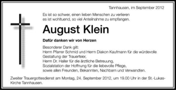 Anzeige von August Klein von Schwäbische Zeitung
