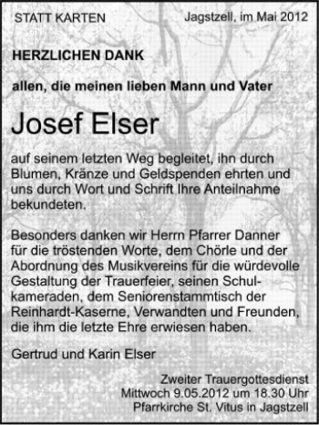 Anzeige von Josef Elser von Schwäbische Zeitung