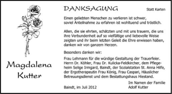 Anzeige von Magdalena Kutter von Schwäbische Zeitung