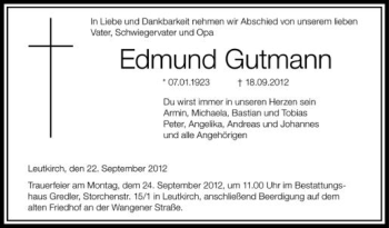 Anzeige von Edmund Gutmann von Schwäbische Zeitung