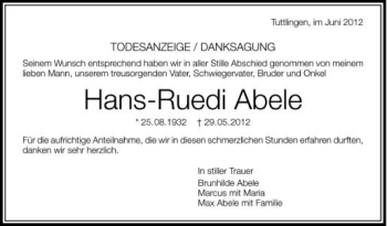 Anzeige von Hans-Ruedi Abele von Schwäbische Zeitung