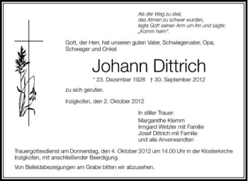 Anzeige von Johann Dittrich von Schwäbische Zeitung