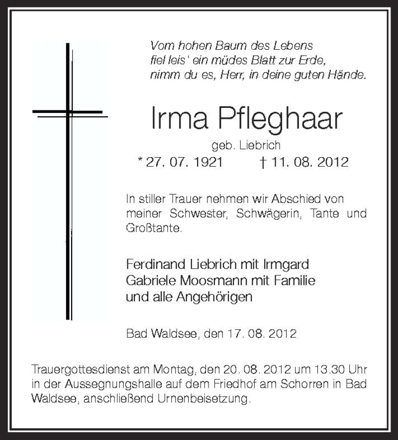  Traueranzeige für Irma Pfleghaar vom 17.08.2012 aus Schwäbische Zeitung
