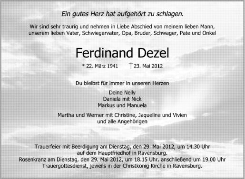  Traueranzeige für Ferdinand Dezel vom 26.05.2012 aus Schwäbische Zeitung