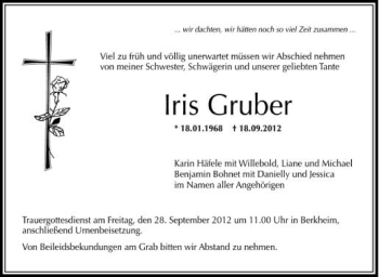 Anzeige von Iris Gruber von Schwäbische Zeitung