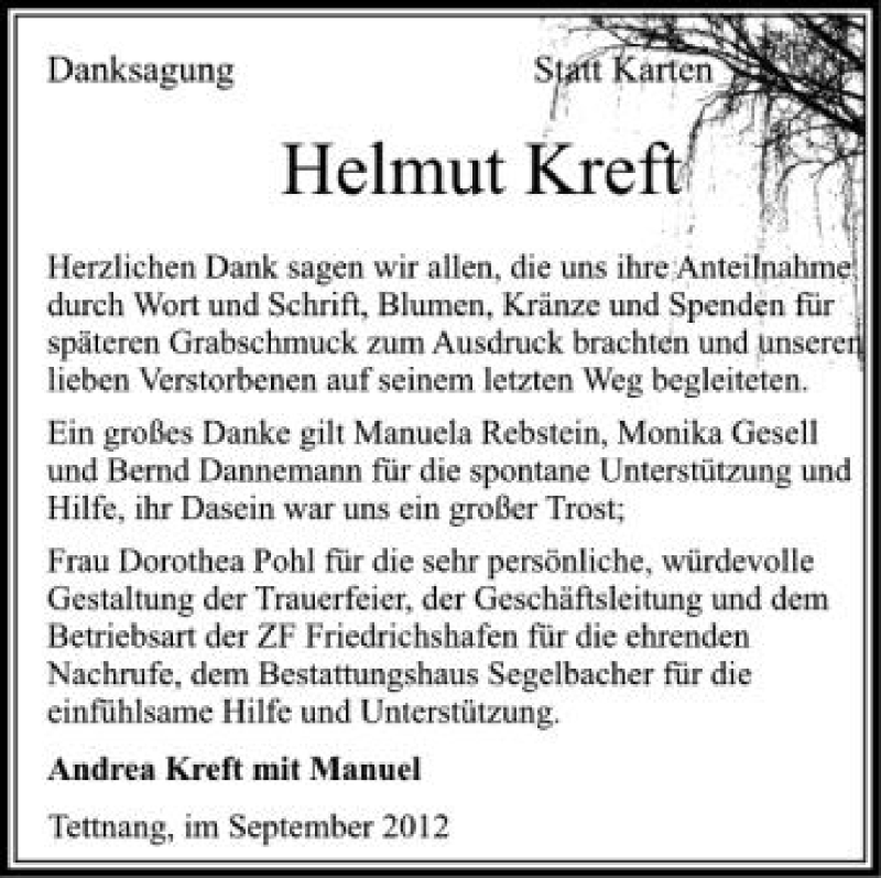 Traueranzeige für Helmut Kreft vom 08.09.2012 aus Schwäbische Zeitung