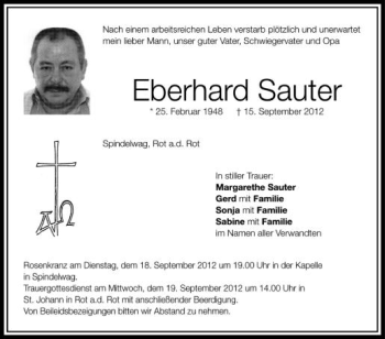 Anzeige von Eberhard Sauter von Schwäbische Zeitung