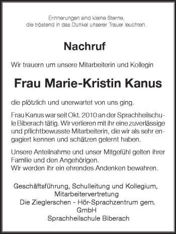Anzeige von Marie-Kristin Kanus von Schwäbische Zeitung