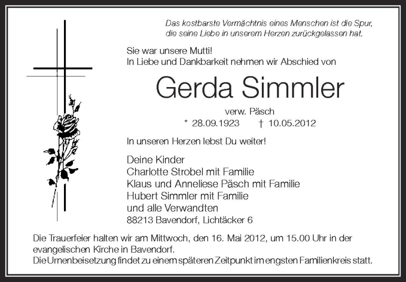  Traueranzeige für Gerda Simmler vom 15.05.2012 aus Schwäbische Zeitung