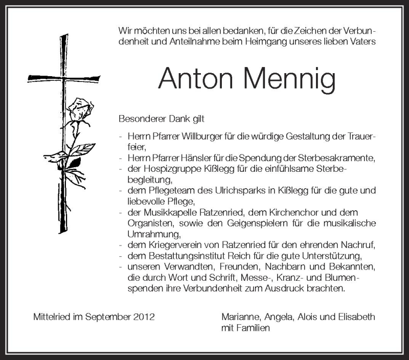  Traueranzeige für Anton Menning vom 22.09.2012 aus Schwäbische Zeitung