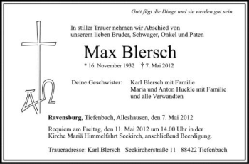 Anzeige von Max Blersch von Schwäbische Zeitung