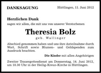 Anzeige von Theresia Bolz von Schwäbische Zeitung