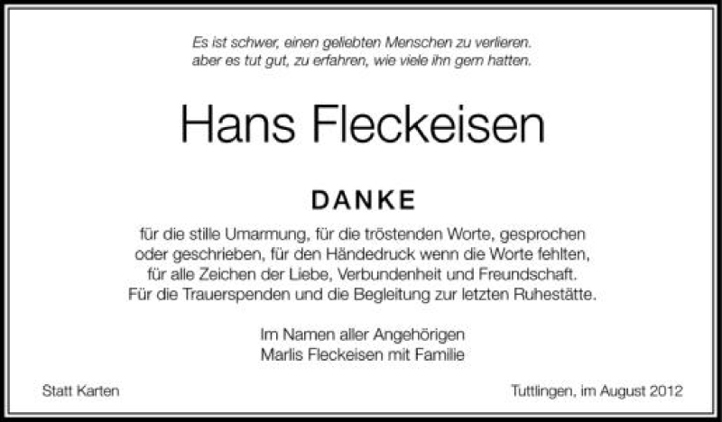  Traueranzeige für Hans Fleckeisen vom 11.08.2012 aus Schwäbische Zeitung