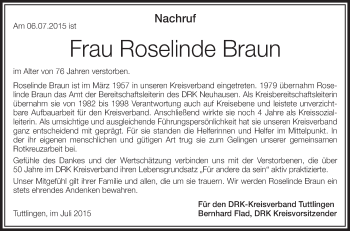 Anzeige von Roselinde Braun von Schwäbische Zeitung