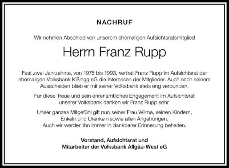 Traueranzeige für Franz Rupp vom 10.10.2012 aus Schwäbische Zeitung
