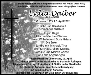 Anzeige von Lydia Daiber von Schwäbische Zeitung