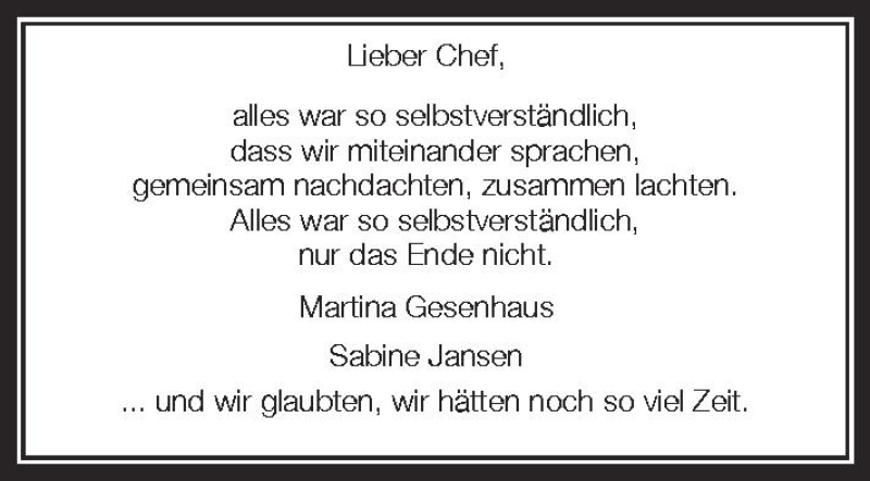  Traueranzeige für Lieber Chef  vom 04.07.2012 aus Schwäbische Zeitung