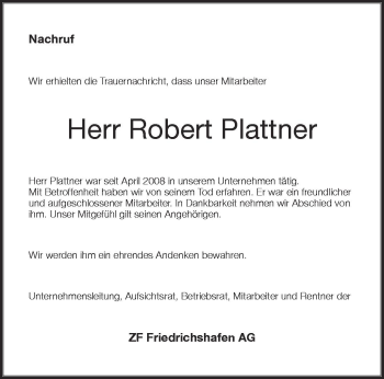 Anzeige von Robert Plattner von Schwäbische Zeitung