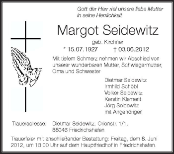 Anzeige von Margot Seidewitz von Schwäbische Zeitung