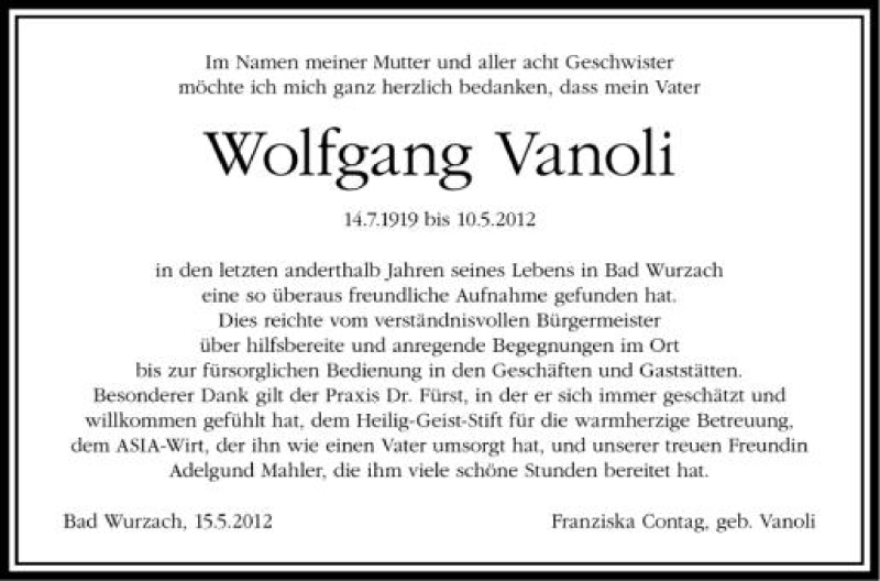  Traueranzeige für Wolfgang Vanoli vom 16.05.2012 aus Schwäbische Zeitung