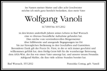 Anzeige von Wolfgang Vanoli von Schwäbische Zeitung