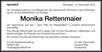 Anzeige von Monika Rettenmaier von Schwäbische Zeitung