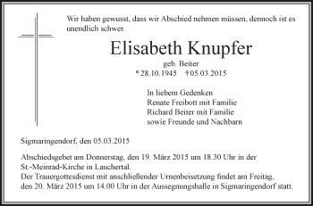 Anzeige von Elisabeth Knupfer von Schwäbische Zeitung