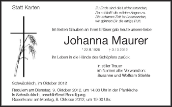 Anzeige von Johanna Maurer von Schwäbische Zeitung
