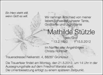 Anzeige von Mathilde Stützle von Schwäbische Zeitung