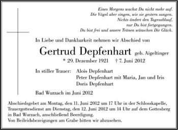 Anzeige von Gertrud Depfenhart von Schwäbische Zeitung