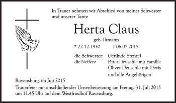 Anzeige von Herta Claus von Schwäbische Zeitung