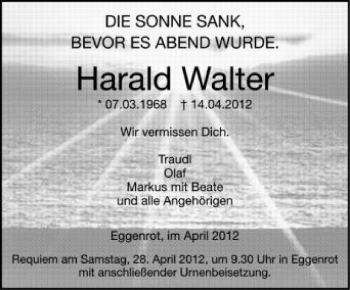 Anzeige von Harald Walter von Schwäbische Zeitung