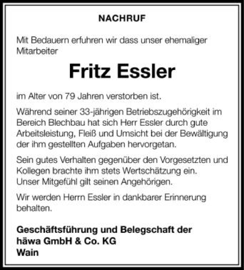  Traueranzeige für Fritz Essler vom 14.06.2012 aus Schwäbische Zeitung