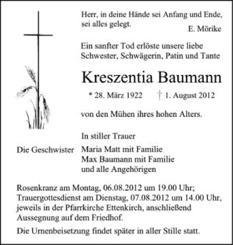  Traueranzeige für Kreszentia Baumann vom 04.08.2012 aus Schwäbische Zeitung