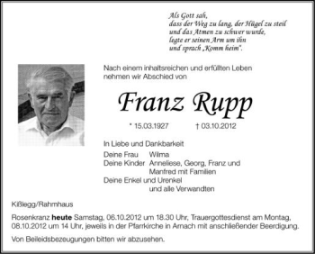 Anzeige von Franz Rupp von Schwäbische Zeitung
