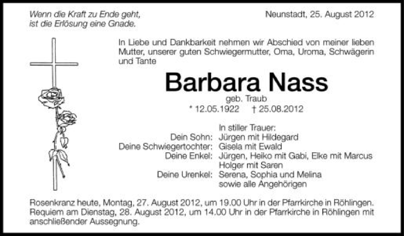 Traueranzeige für Barbara Nass vom 27.08.2012 aus Schwäbische Zeitung
