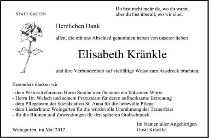  Traueranzeige für Elisabeth Kränkle vom 12.05.2012 aus Schwäbische Zeitung