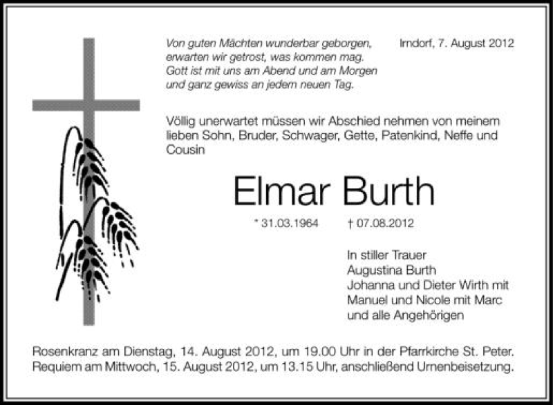  Traueranzeige für Elmar Burth vom 13.08.2012 aus Schwäbische Zeitung