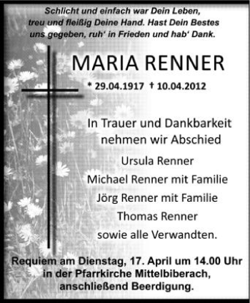 Anzeige von Maria Renner von Schwäbische Zeitung