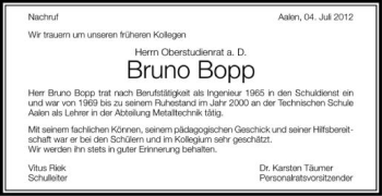 Anzeige von Bruno Bopp von Schwäbische Zeitung