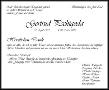 Anzeige von Gertrud Pschigoda von Schwäbische Zeitung